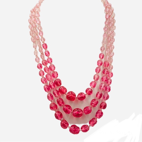 SOLDMagnificent Vintage Ombré’ Pink Glass Bead Graduated Multi Strand Necklace - Picture 3 of 7
